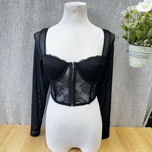 Sincerely Jules Womens Black Lace Corset Bustier Long Sleeve Crop Top Size M